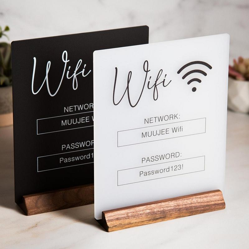 Segno Wifi Pannello Acrilico 3D con Base in Legno Segnaletica Negozio Pubblico Tavolo Wifi Ristorante Per Scrittura a Mano Account e Password