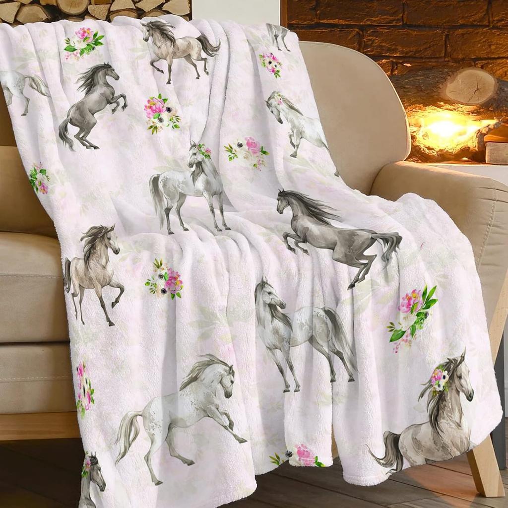 Horse Blanket Gift for Girls Women Cartoon Horses Flannel Cute Farm Animal Blankets Soft Lightweight for Lovers Decor Sofa Bed