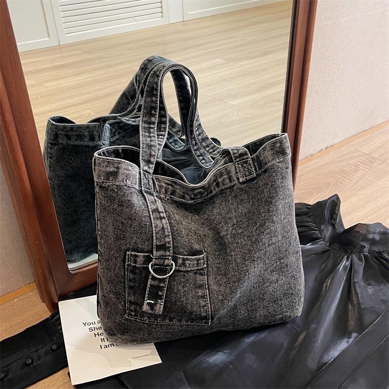 New denim shoulder bag women's casual simple girl tote bag student portable make-up bag