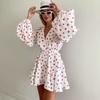 LYRIA New Strawberry Print V Neck Lantern Sleeve Dress Fashion Dress Women