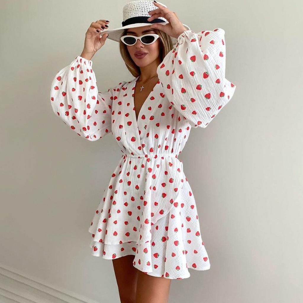 LYRIA New Strawberry Print V Neck Lantern Sleeve Dress Fashion Dress Women