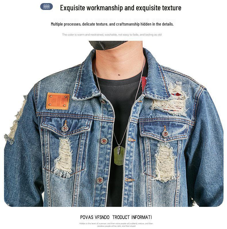 Xintang Men's Ripped Denim Jacket - 2025 Spring/Autumn High Street Workwear Trend