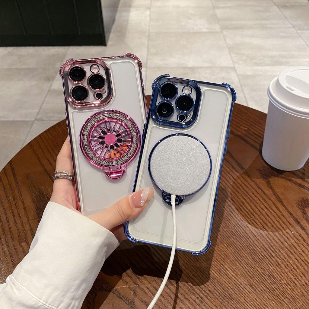 16e Electroplated Four-corner Anti-drop, Suitable for IPhone15 Phone Case, Apple 16PROMAX Gyroscope Magnetic Attraction Stand Cover