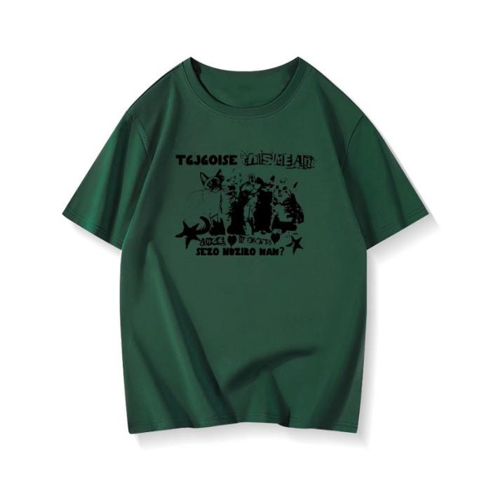 American Retro College Style MenWomen Summer New Cat Print Oversize Short Sleeved Tshirt S