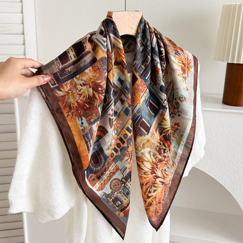 White polka dot peony flower small square scarf cotton and linen silk scarf women's high-end neck yarn air-conditioned room scarf shawl thin