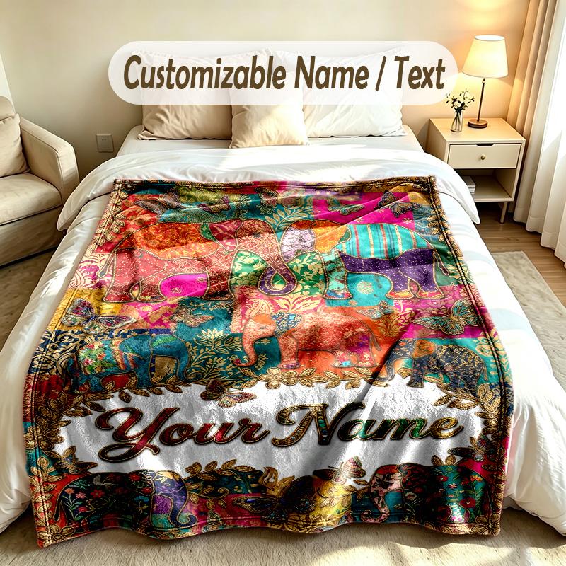 Olifant Thema Zachte Deken Gepersonaliseerd Aangepaste Naam Tekst Print Warme Deken Huis Sofa Slaapkamer Decor