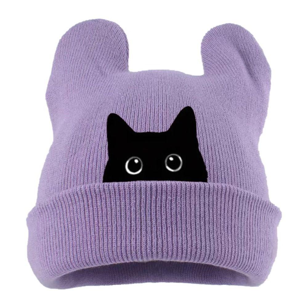Stretchable Cat Ear Beanie Hat Y2K Harajuku Pullover Hat Fashion Winter Knit Hat Women