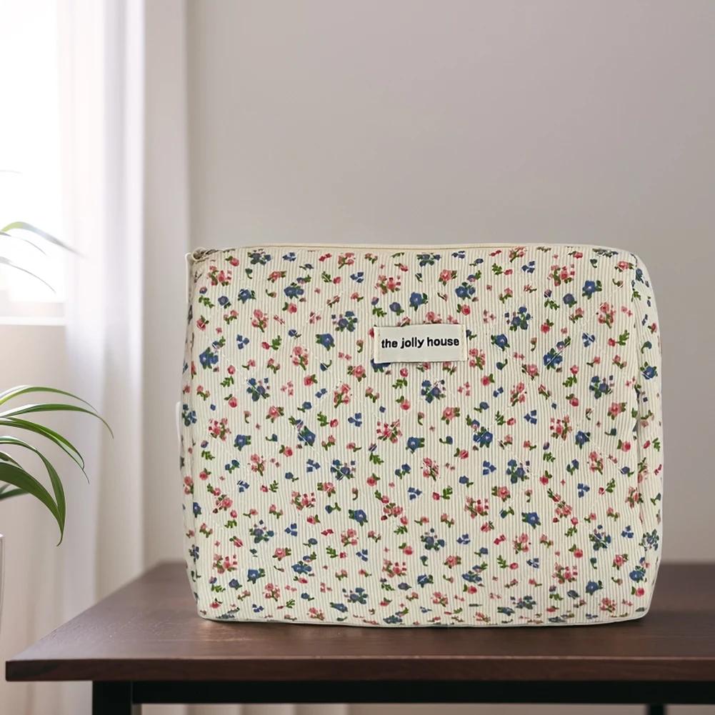 

Floral Corduroy Toiletry Bag with Zipper Makeup Organizer Storage Bag Cosmetic Organizer Case for Women and Girls
