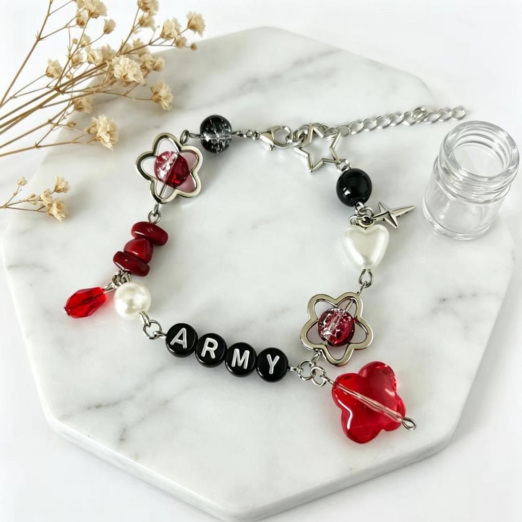 BTS Fan Merch ARMY Letter Beaded Bracelet, Black Red Star Cross Charm Wristband, Sweet Cool Concert Friendship Jewelry Gift