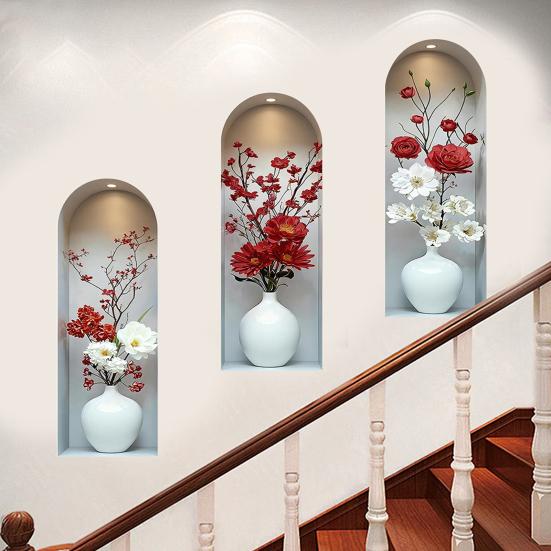 Autocolant de perete vază 3D Vază Perete și Lipire Decal amovibil Decojire PVC Artă de perete cu flori