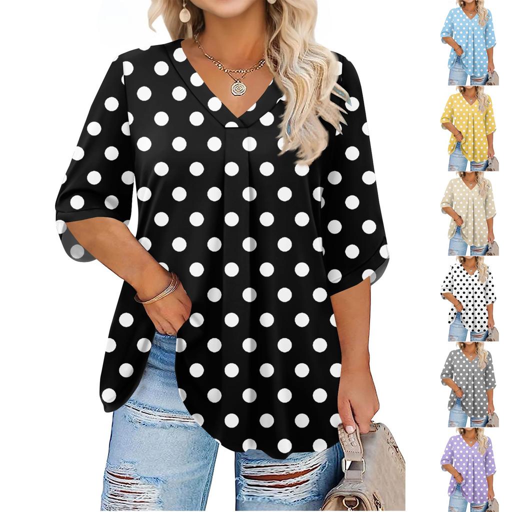 Women's Fashion Large Size Printed V-Neck Three-quarter Sleeve Top