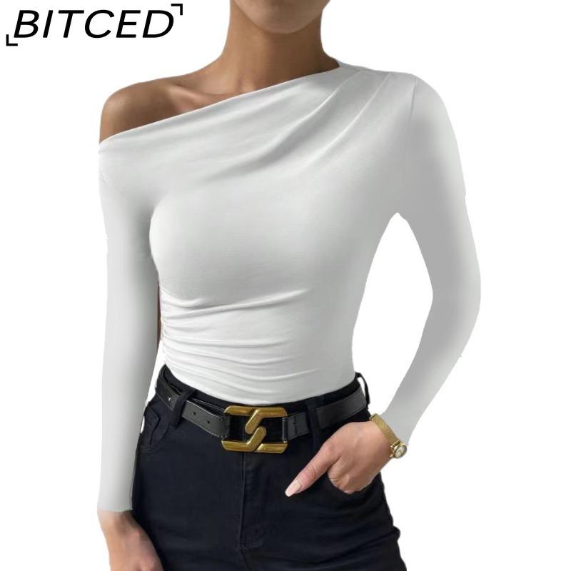 BITCED Spring/Summer Women's Slim-Fit Pleated Asymmetric Long-Sleeved T-Shirt Top