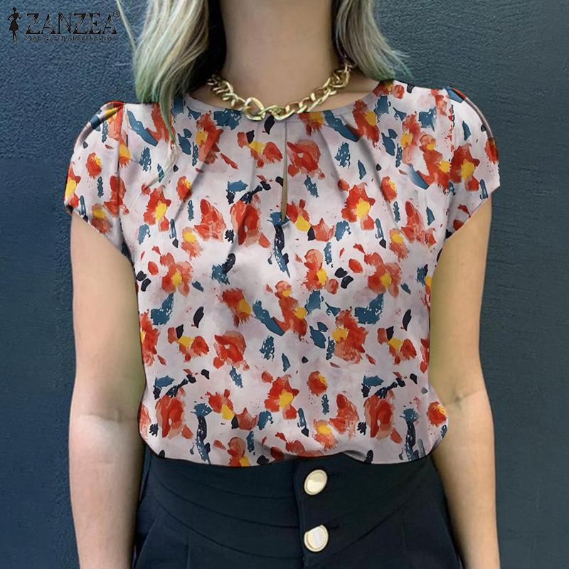 

ZANZEA Женская летняя повседневная блузка с круглым вырезом и коротким рукавом с принтом
