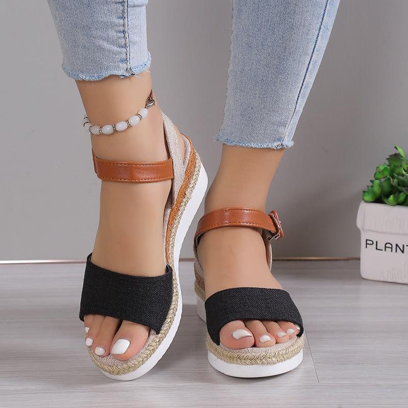 Women's Large Size Slope Heel Sandals Shoes Summer Casual Canvas Breathable Thick Bottomed Beach Sandals 35-43