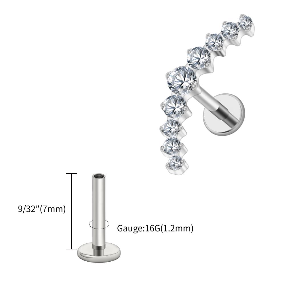 Right Grand ASTM F136 Titanium Arc CZ Cluster Labret Curved Bar Flat Back Stud Earring Helix Cartilage Conch Piercing Jewelry