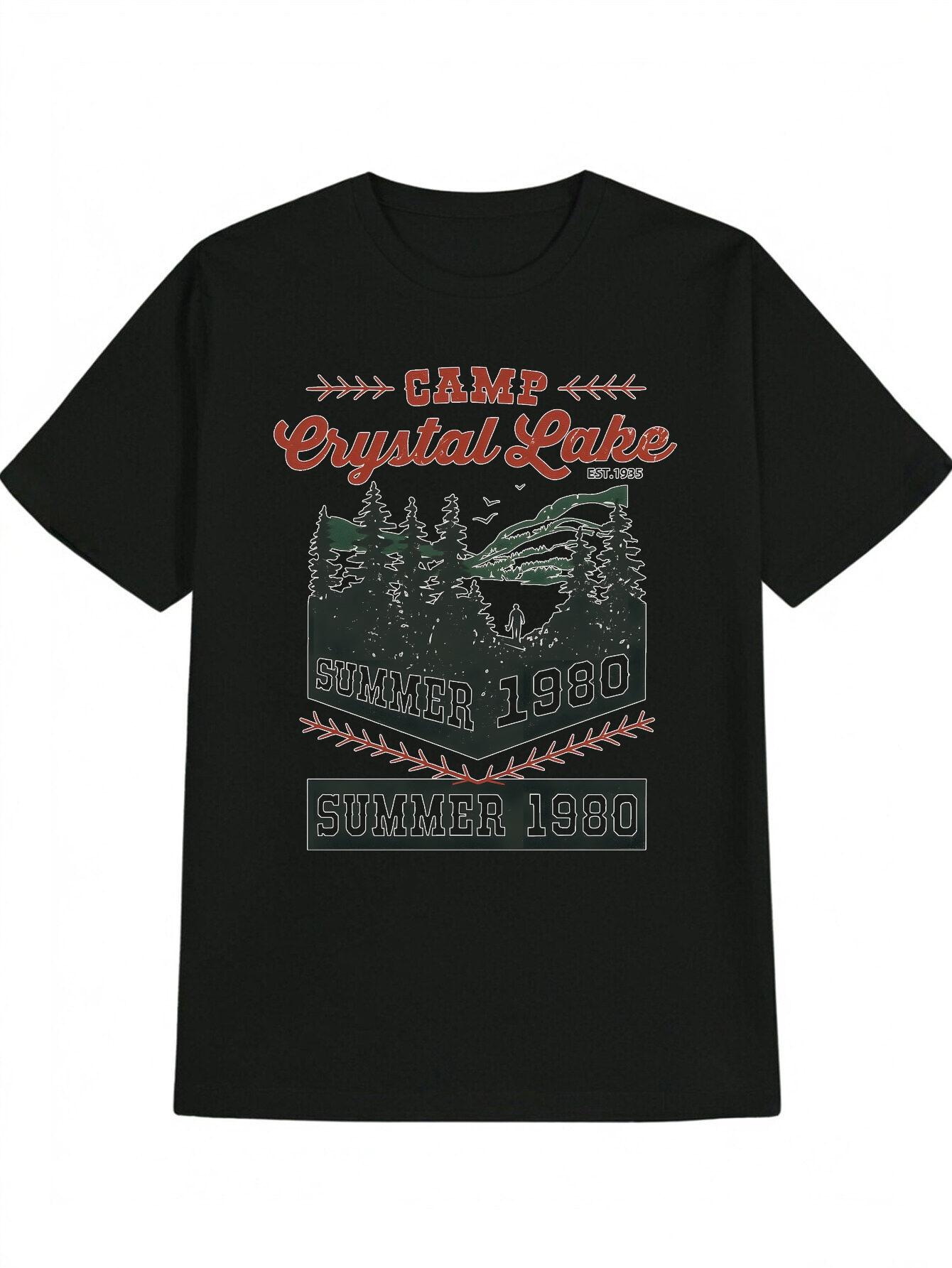 Vintage Camp Crystal Lake Graphic T-shirt - Black Retro Summer Camping Tee XXXL