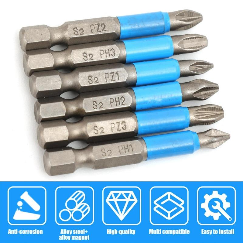 6/12x Hex Shank Screwdriver Bit Set PH1 PH2 PH3 PZ1 PZ2 PZ3 Head Anti Slip Teeth Hardware Electrical DIY Repair Accessories