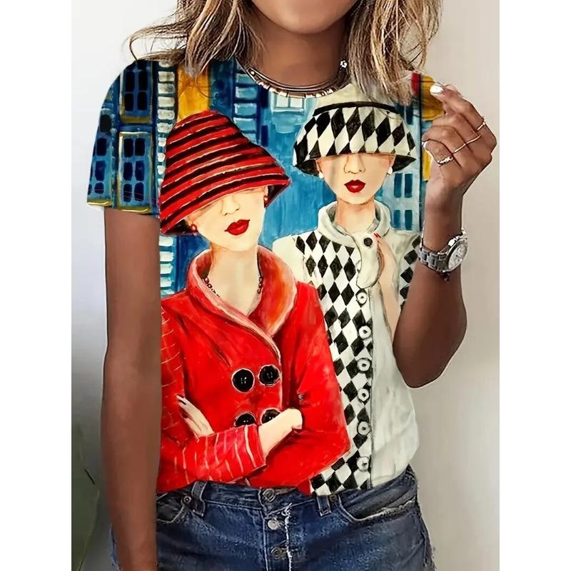Summer Women's Round Neck T-Shirt Outdoor Fashion Casual Short-Sleeved 3d Cartoon Printing Pattern Oversized Women's Clothing