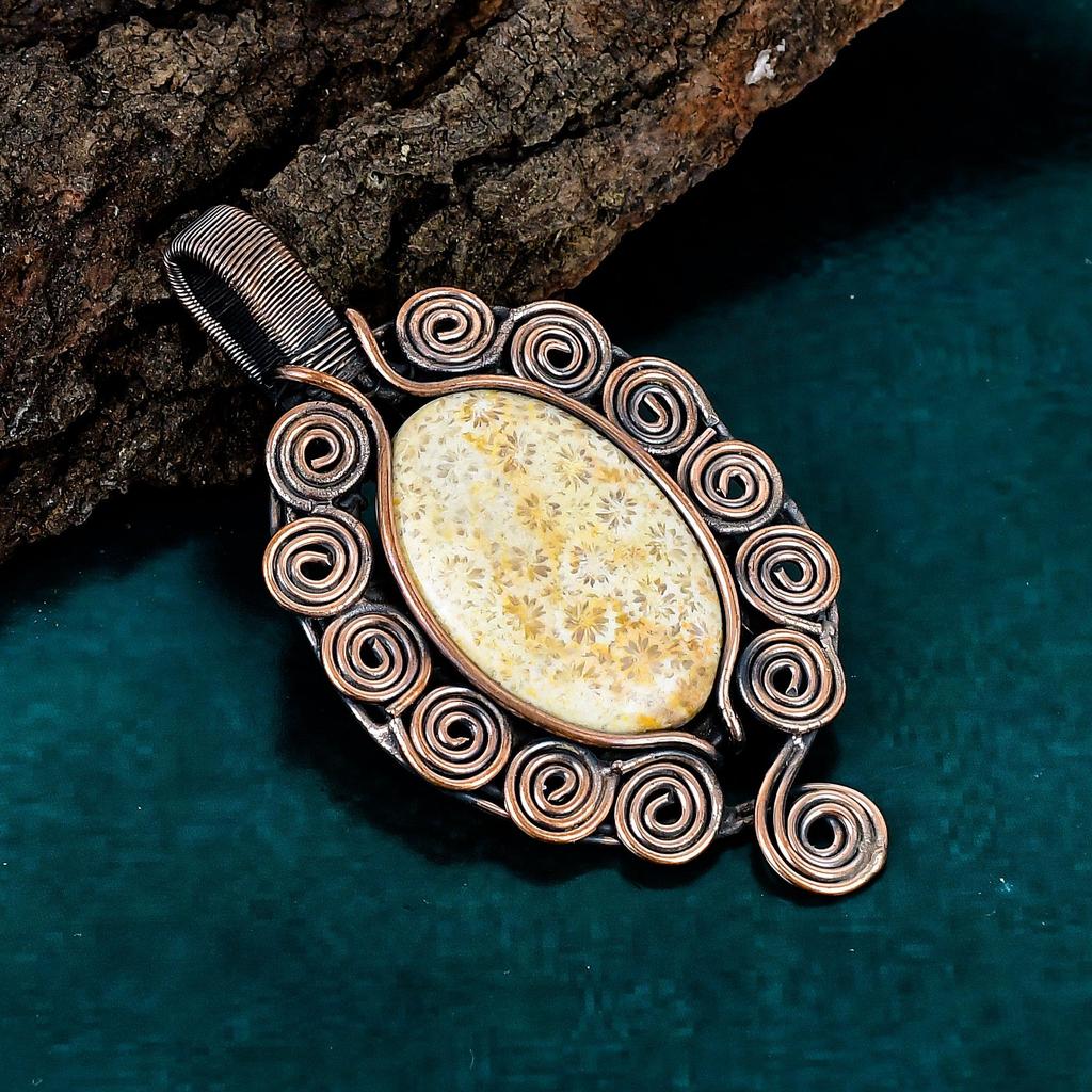 Fossil coral pendant handmade designer jewelry copper wire wrapping pendant natural gemstone jewelry unique jewelry stylish jewelry for gift