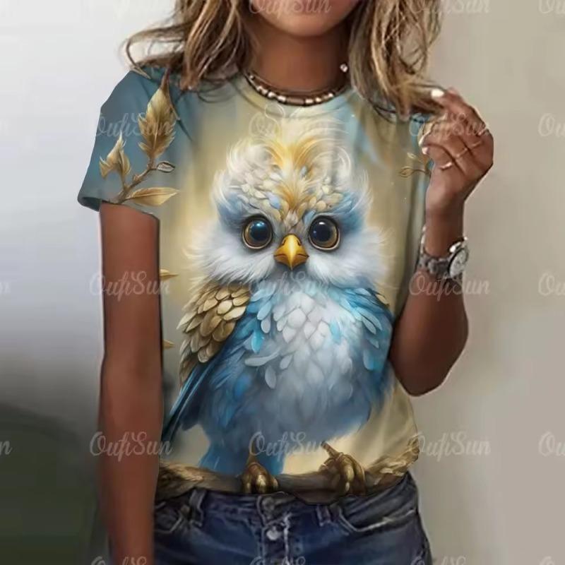 Summer O-Neck Short Sleeve Women's T-Shirt 3d Printed Owl Pattern T-Shirt Pullover Top Fashion Street Female Clothing