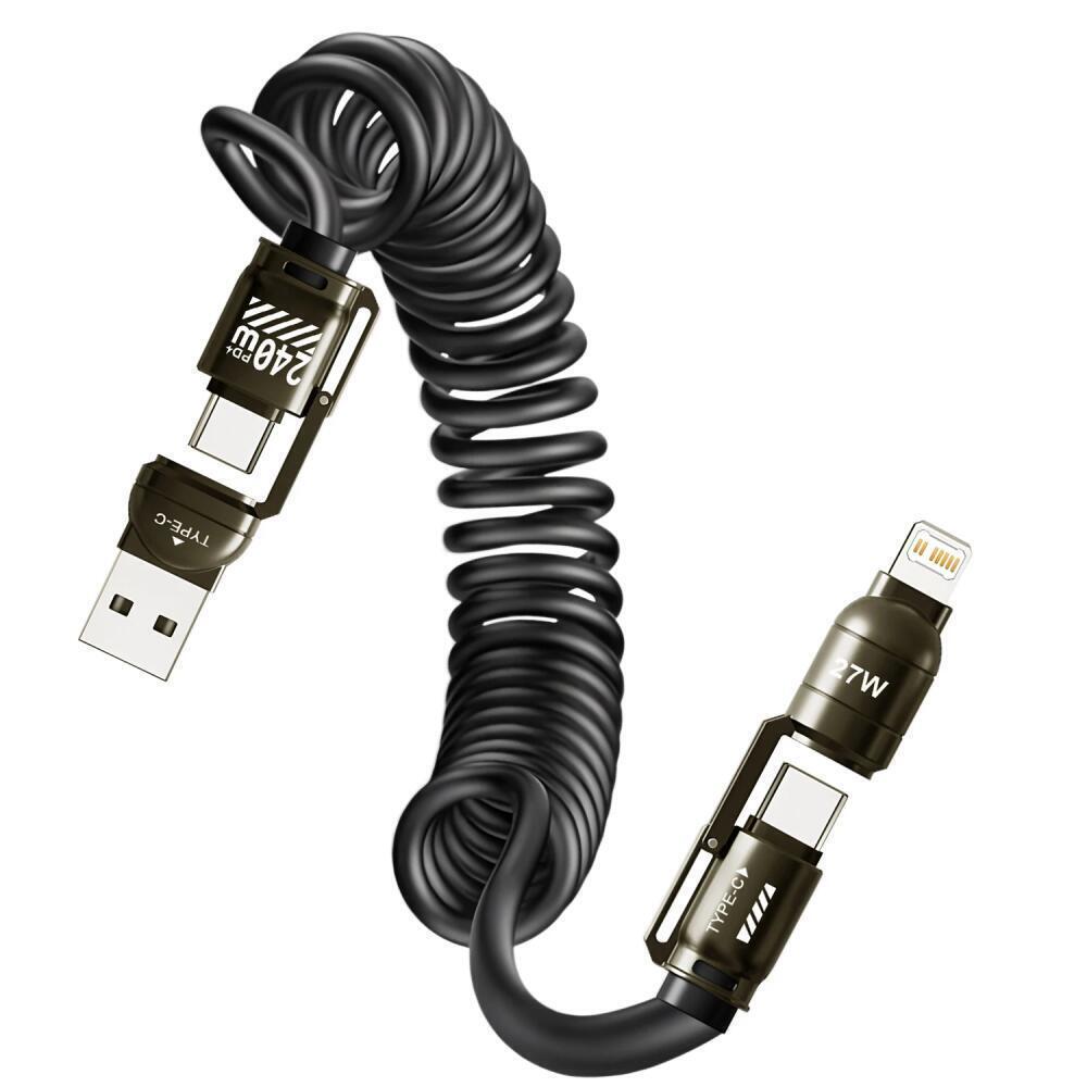 240W 4-in-1 Fast Charging Spring Data Cable Retractable Multi USB Type-C To Lightning Type-C for Phone Tablet