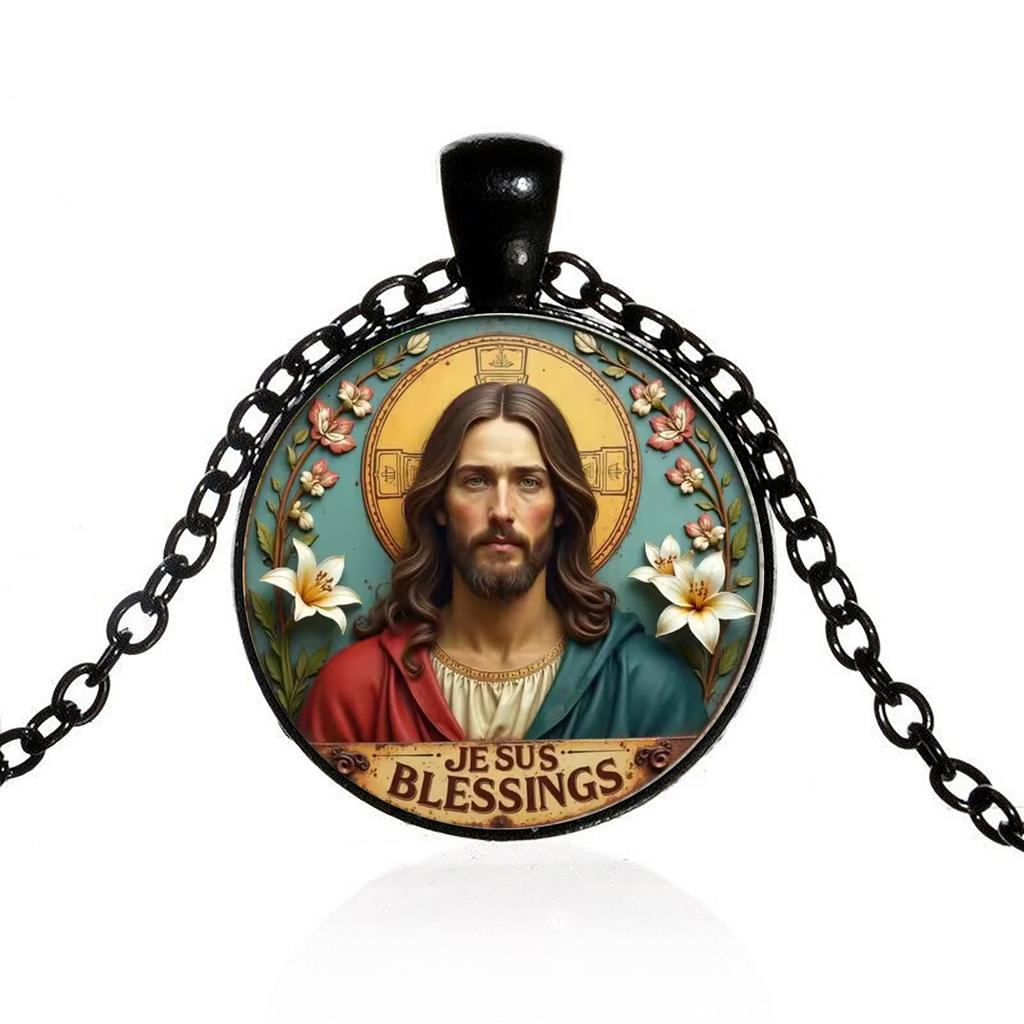 Christian Jesus Blessing Religious Pendant Necklace, Time Gemstone Pendant