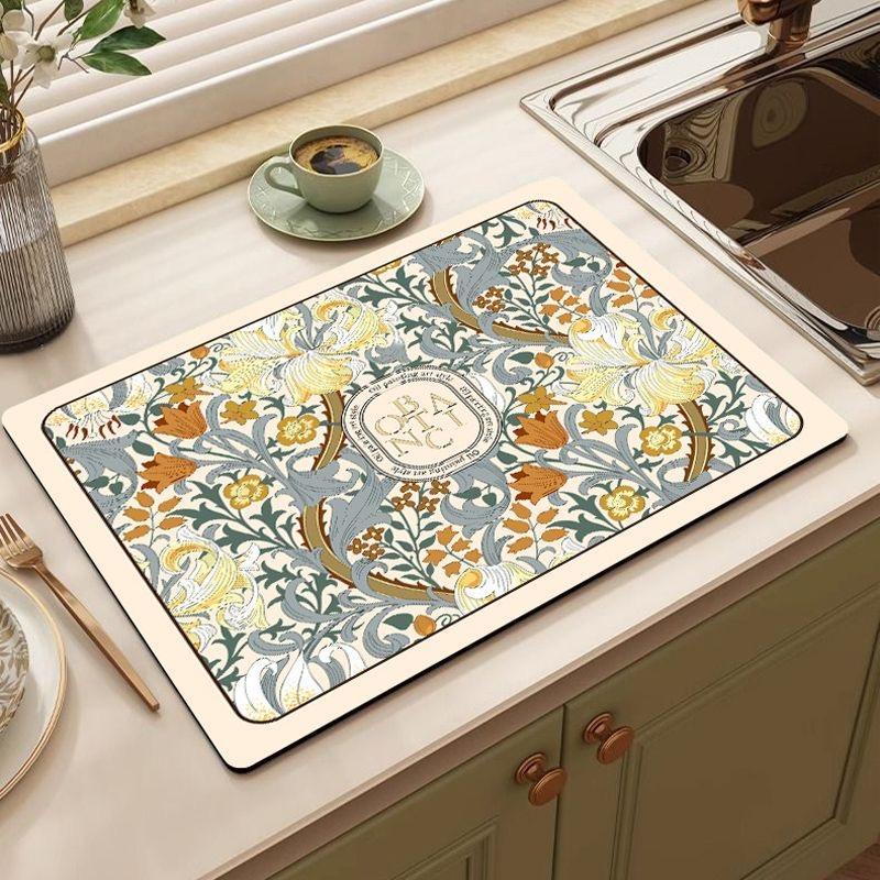 30*40cm Vintage Flora Printed Mud Absorbent Quickly Dry Heat Resistant Non-Slip Tableware Pad Dish Drying Mat Placemat Coffee Mat