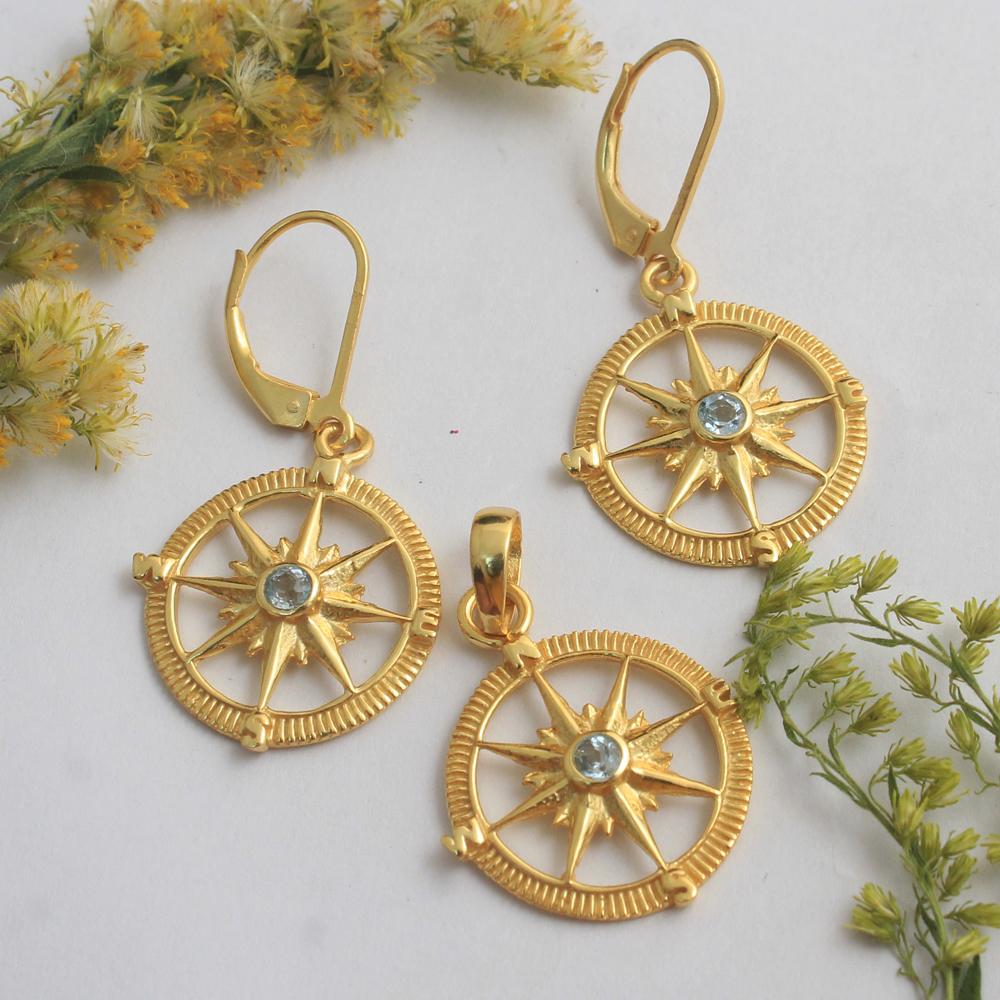 Boucle d'oreille pendentif boussole topaze bleue, bijoux plaqués or jaune 100% argent Sterling 925