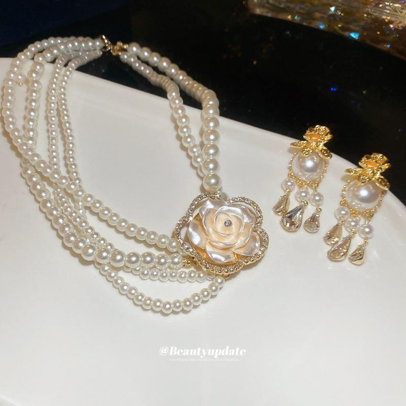 Meier Diamond-studded floral multi-layer pearl necklace and earring set - french vintage court style jewelry