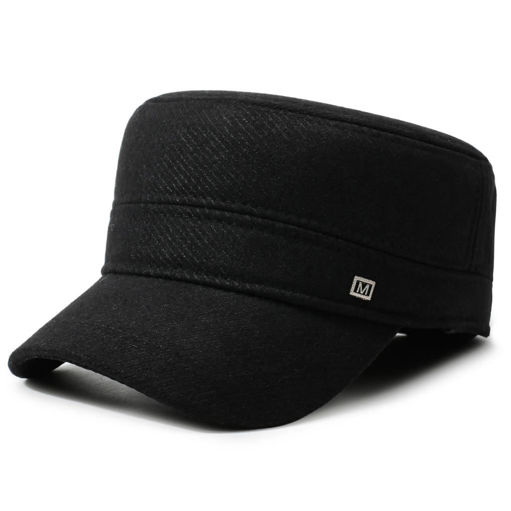 Mens Winter Warm Wool Blend Flat Top Cap with Ear Flaps Outdoor Cold Weather Hat