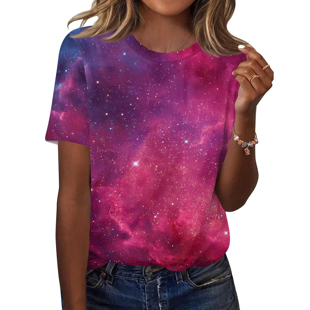 Women's Fashionable Casual Short Sleeve Print Round Neck Pullover Top