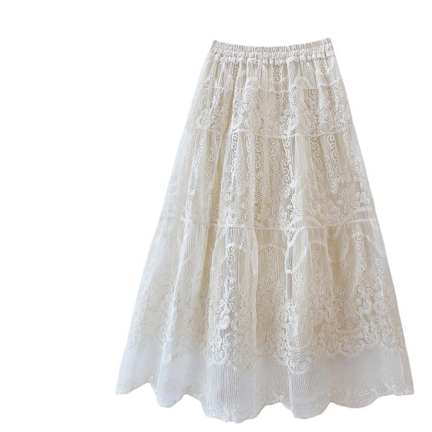 Korean Style Lace Embroidered Midi Skirt - All-Season Puffy Mesh Umbrella Design