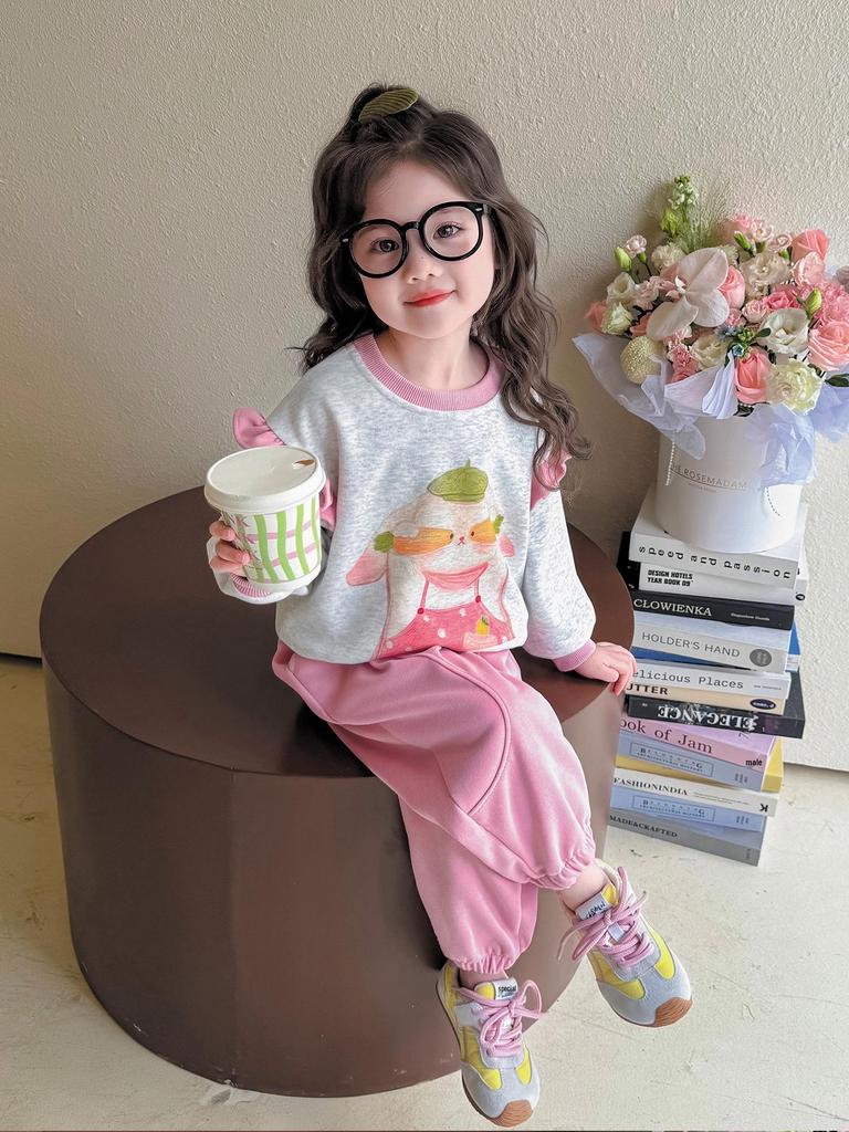 Girls' Sweet Cartoon Sweatshirt Set - Spring/Autumn Fashion Two-Piece Casual Outfit.