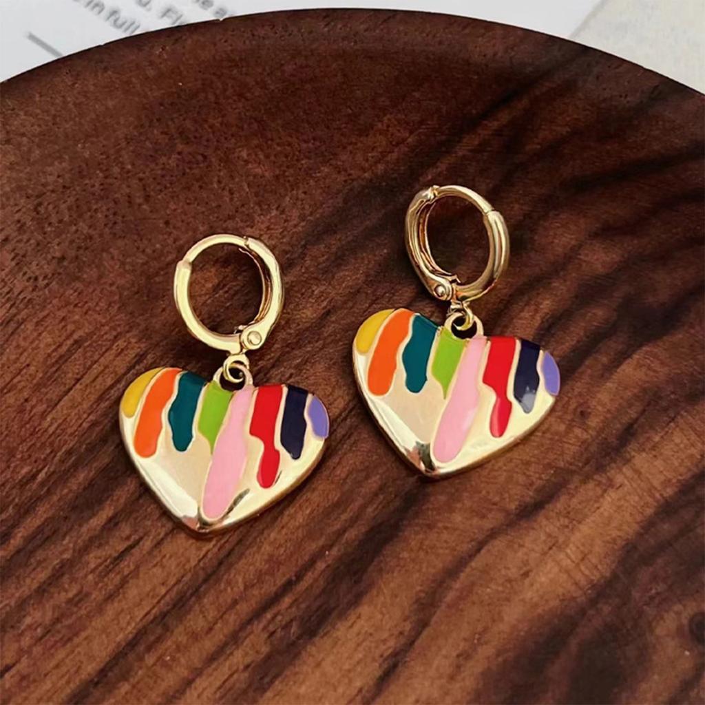 Heart Shape Rainbow Drip Enamel Earrings Necklace Set Necklace And Earrings Lightweight Alloy For Daily Wear Party Gifts