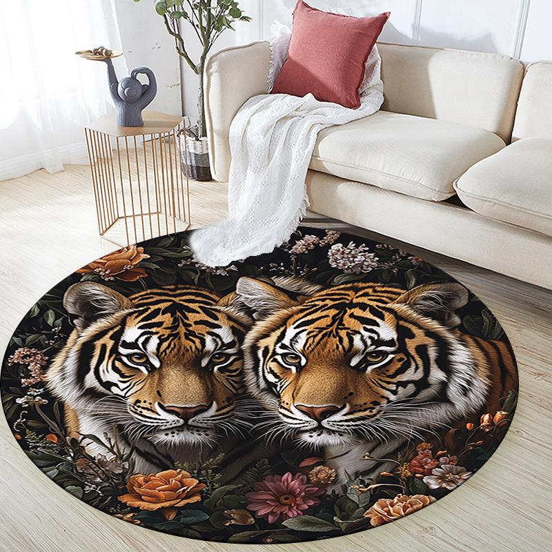 Tiger Artwork Round Area Rug,Carpet Rug for Living Room Bedroom Sofa Playroom Decor,Non-slip Floor Mat