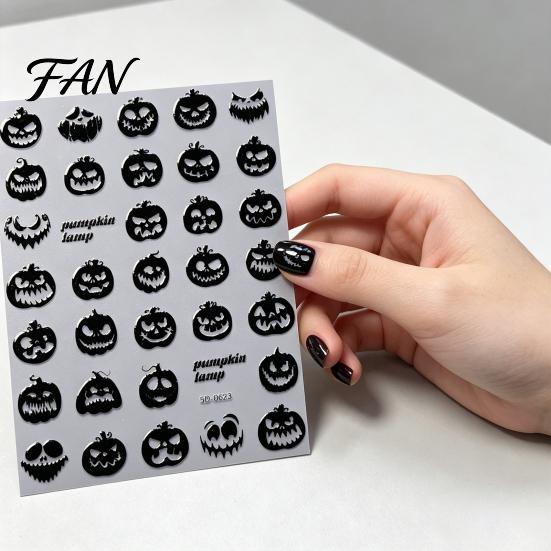 Long Lasting Nail Manicure Sets Halloween Art Stickers, 3D Embossed Skeleton Hand Pumpkin Bat Party Decorations Black Decals, Self-Adhesive