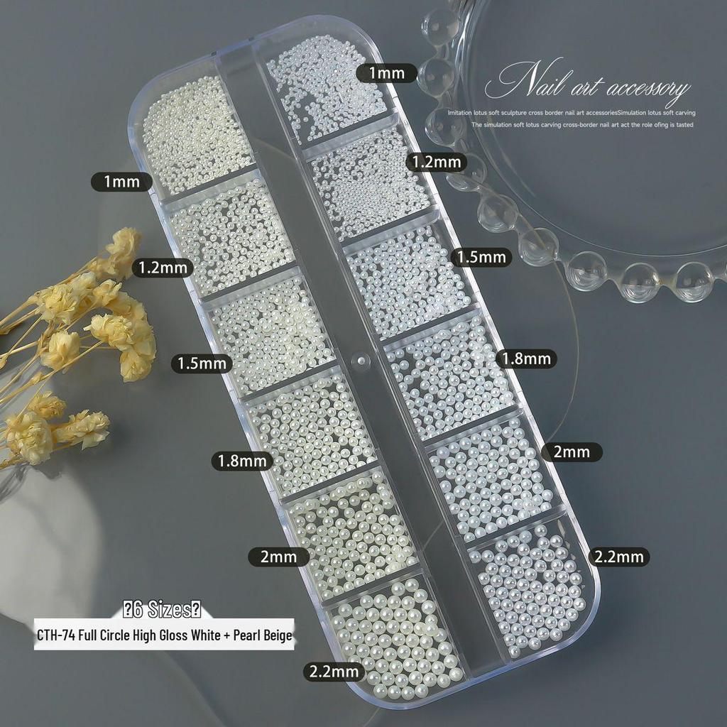 12-Grid High-Gloss Pearl Rice White Nail Art Decorations: 6-Piece Round and Half-Round Mixed Size Set