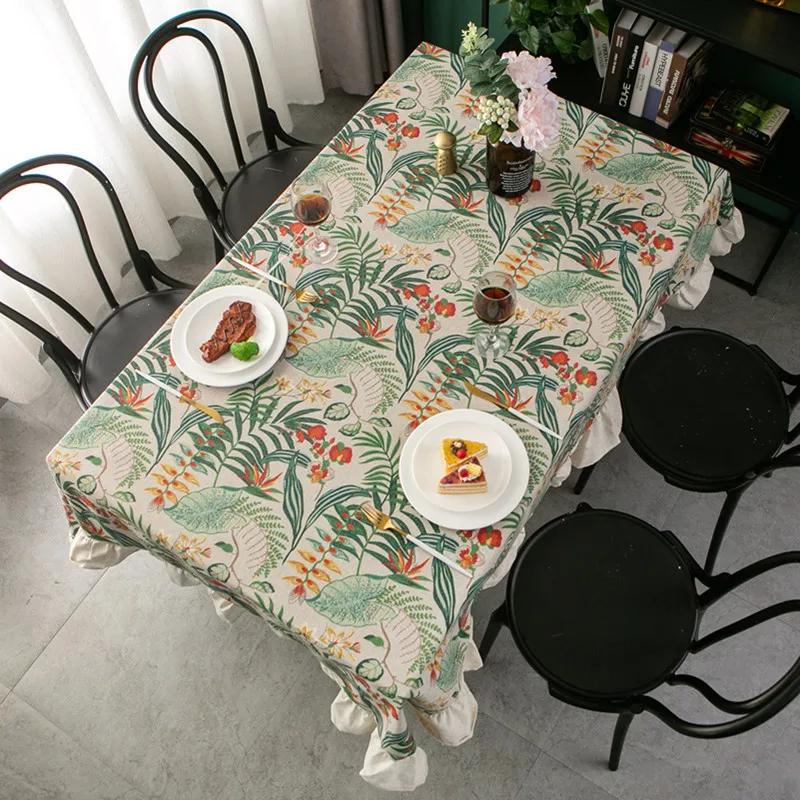 Green Plant Pattern Flounces Tablecloth Rectangular Round Cotton Linen Dustproof Tabletop Cover Restaurant Decorative Tablecloth