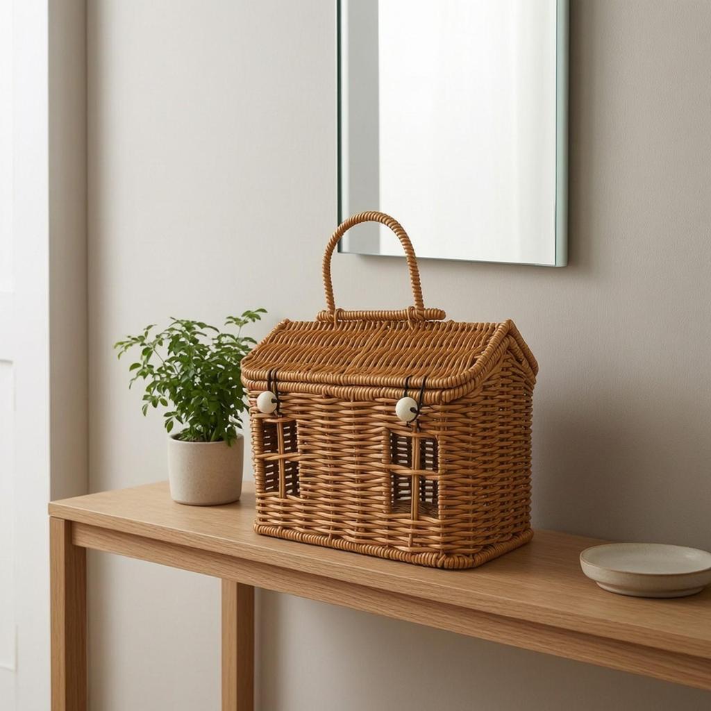Rectangular Storage Basket with Lid Portable Box Handle Handwoven