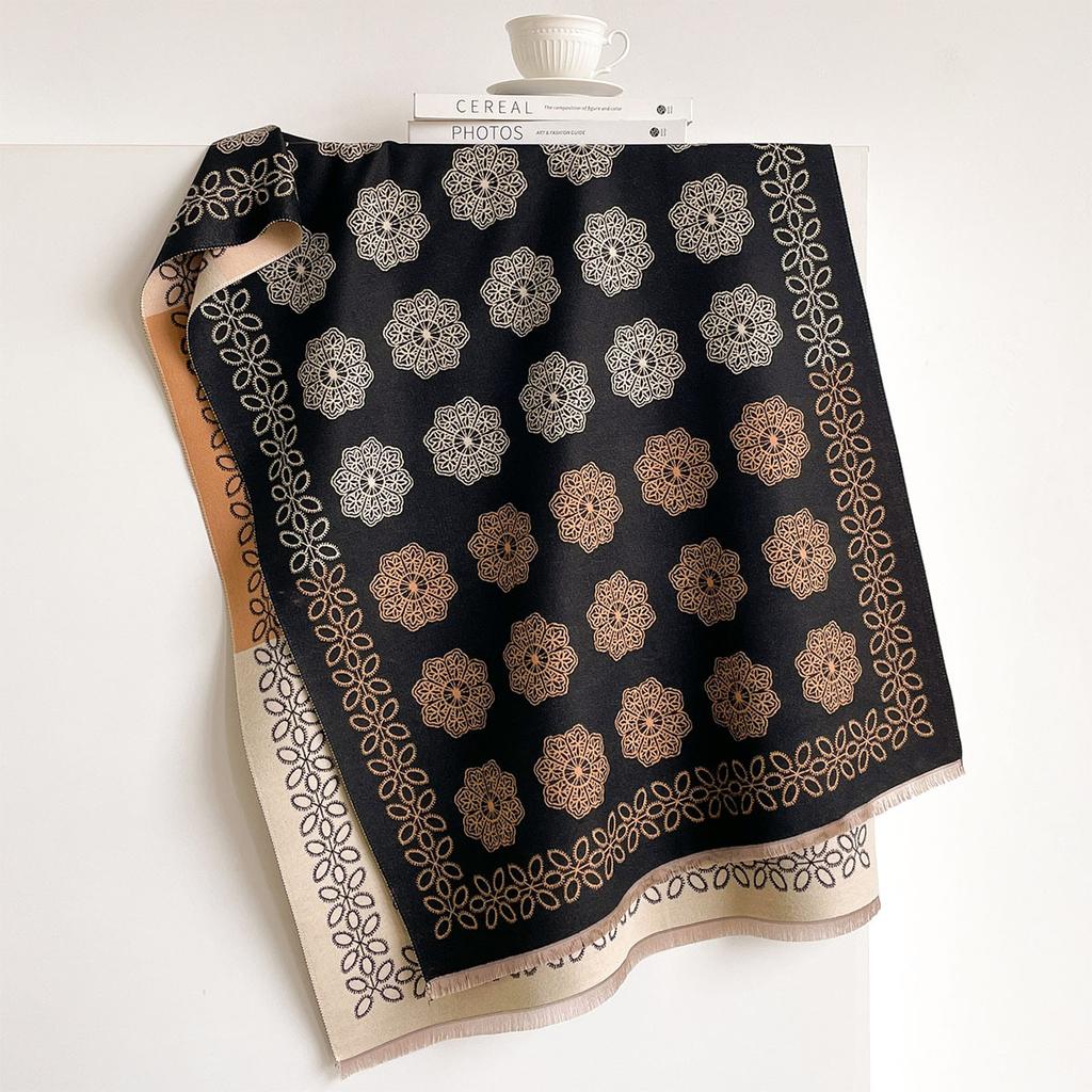 Ladies Double Sided Faux Cashmere Scarf Retro Floral Print Soft Warm Shawl With Fringe Stylish Outdoor Matching Accessory