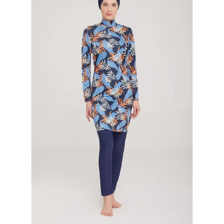 Todelt muslimsk dame beskjeden badedrakt med bladtrykk for sjøen, sett med badedrakt med full dekning, strandtøy, burkini badedraktsett, flerfarget valg (ikke hodeskjerf