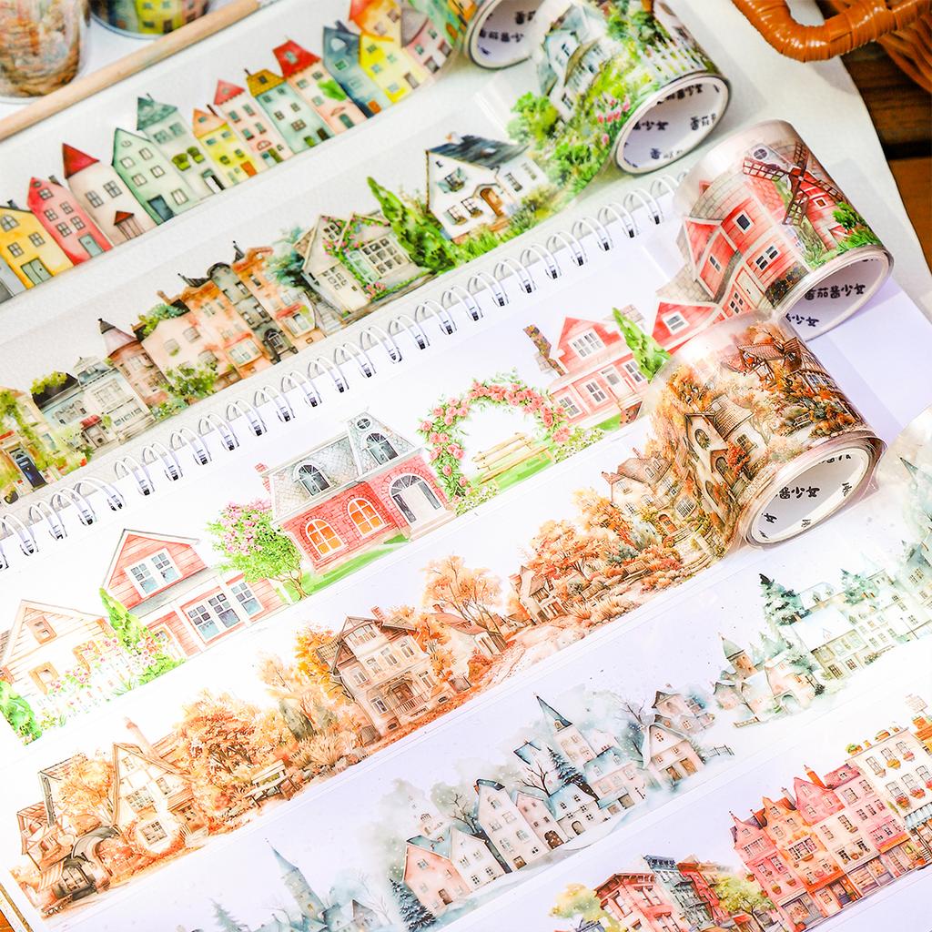 6 Style Romantic Fairy Tale Town Landscape Tape Stickers Scrapbook Phone Case Notebook Diary Decoration Stationery Stickers