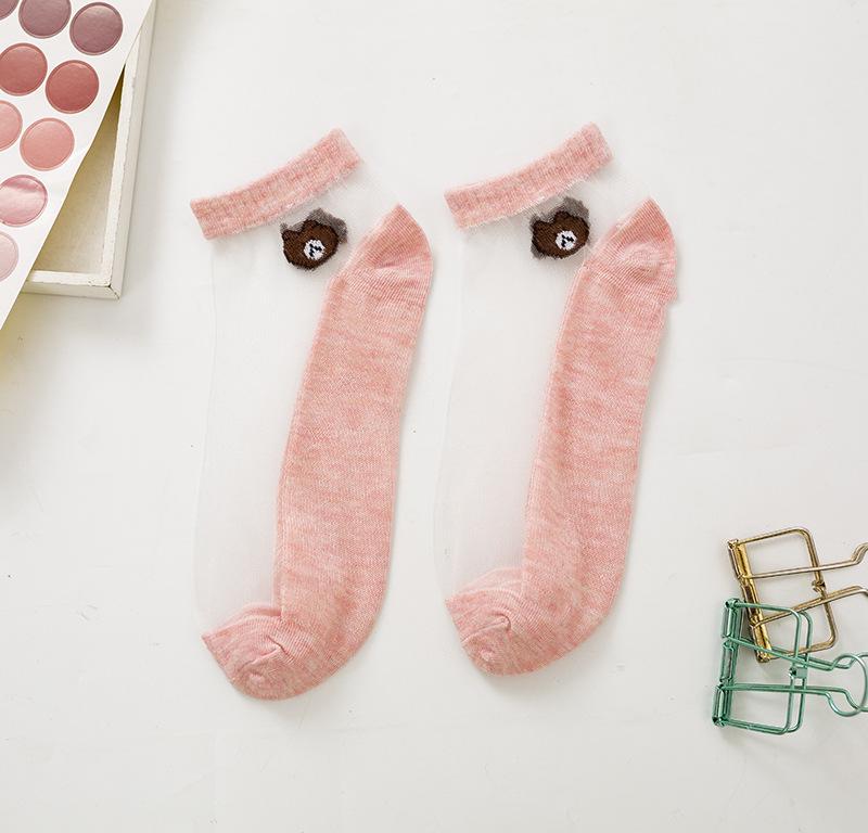 5 /10 Pairs Women Socks Summer Cartoon Socks Bear Colorful No Show Socks Soft Silk Thin Transparent Kawaii Girls Female Ankle Socks