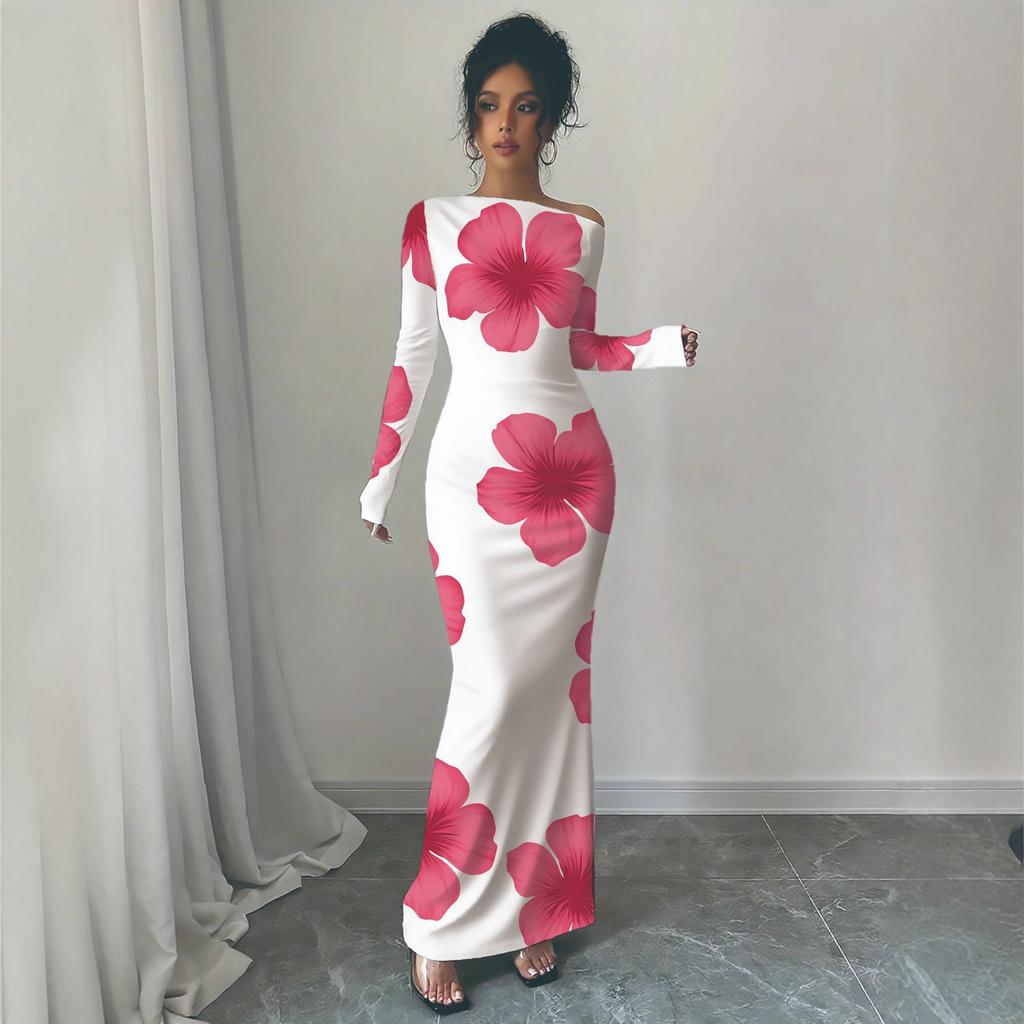Off-Shoulder Maxi Dress with Asymmetric Neckline and Floral Print, Available in Multiple Colors