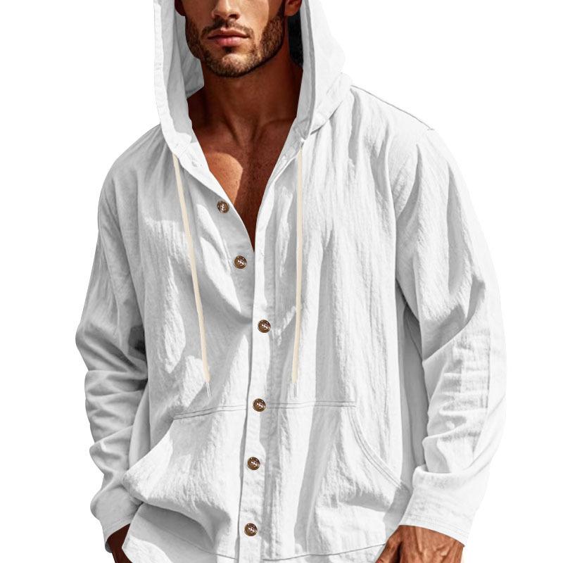 Chemise à capuche décontractée simple en lin pour homme, coupe ample, manches longues, pour la plage