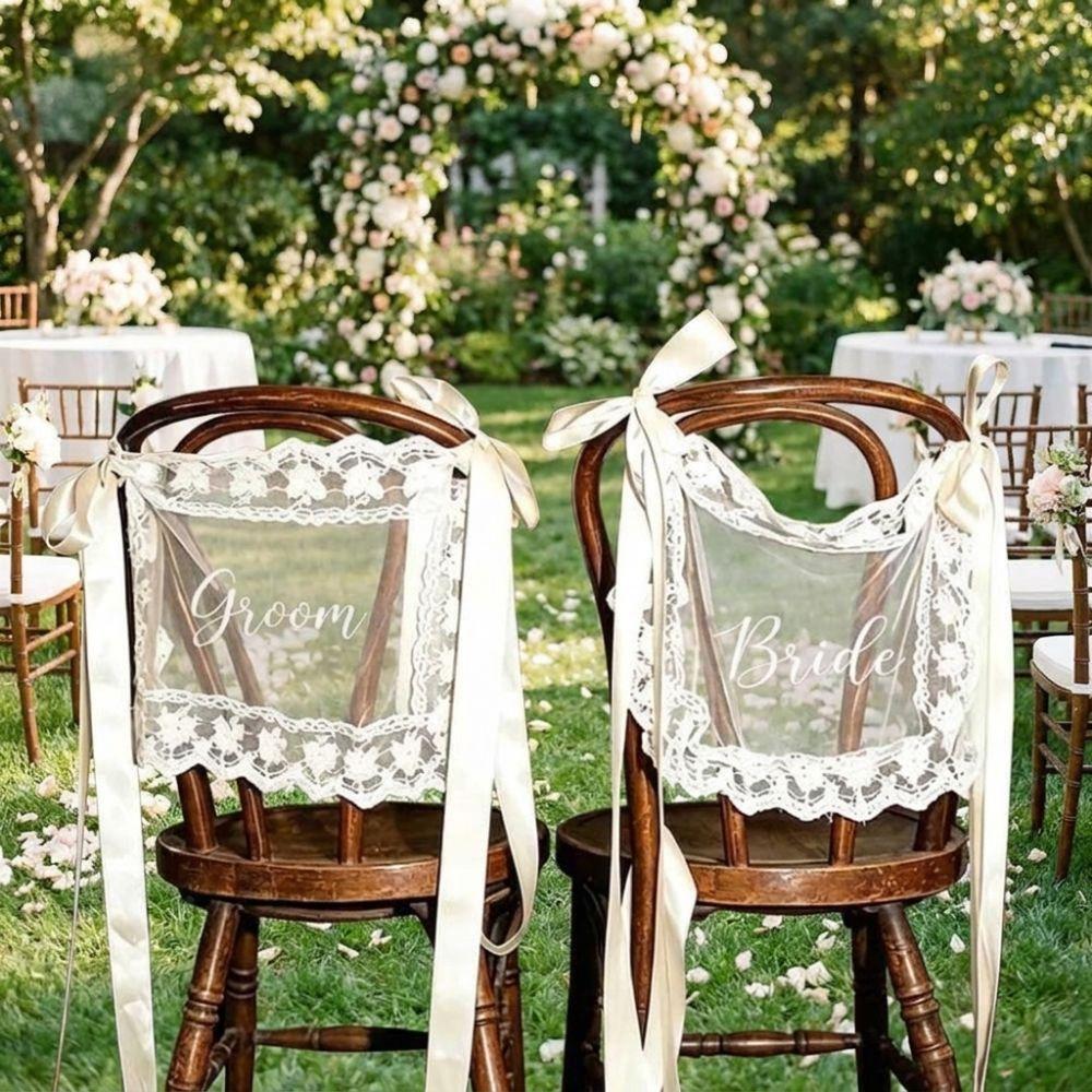 2PCS French Romantic Wedding Chair Back Lace Cover Reusable Creative Strap Chair Cover Multi Purpose Wedding Chair Decoration