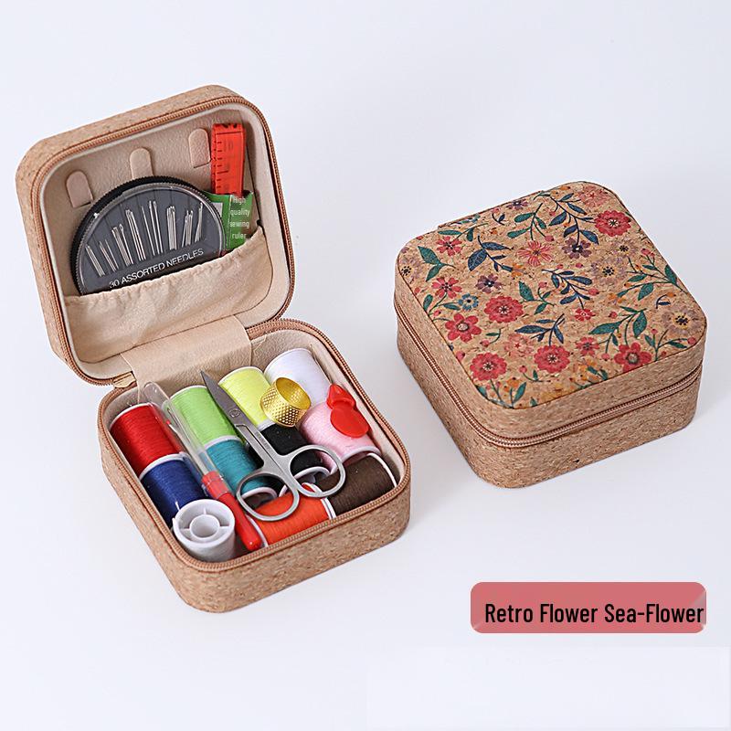 Retro-Style Faux PU Leather Sewing Box with Needle and Thread Set - Portable Household Essential Kit