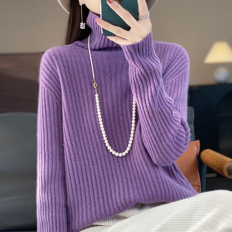 Women's High-Neck Wool Sweater: Seven-Needle Double-Strand, Thickened Vertical Rib Knit, Loose Fit, Long-Sleeved Autumn/Winter Base Layer.