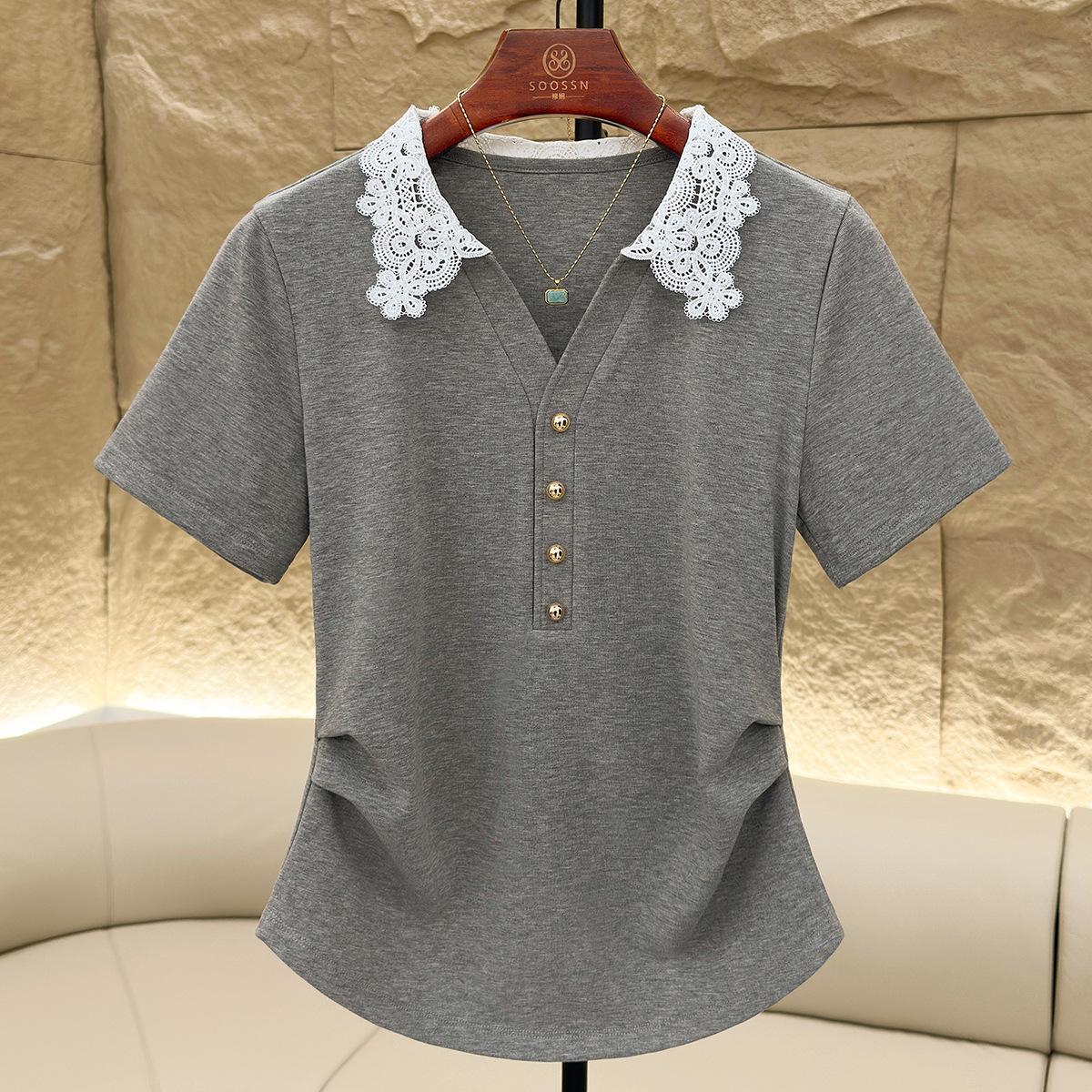 

Женский летний новый стиль, универсальный, утягивающий, темпераментный, высококачественный, модный, с V-образным вырезом, с короткими рукавами, кружевной топ XXXL серый