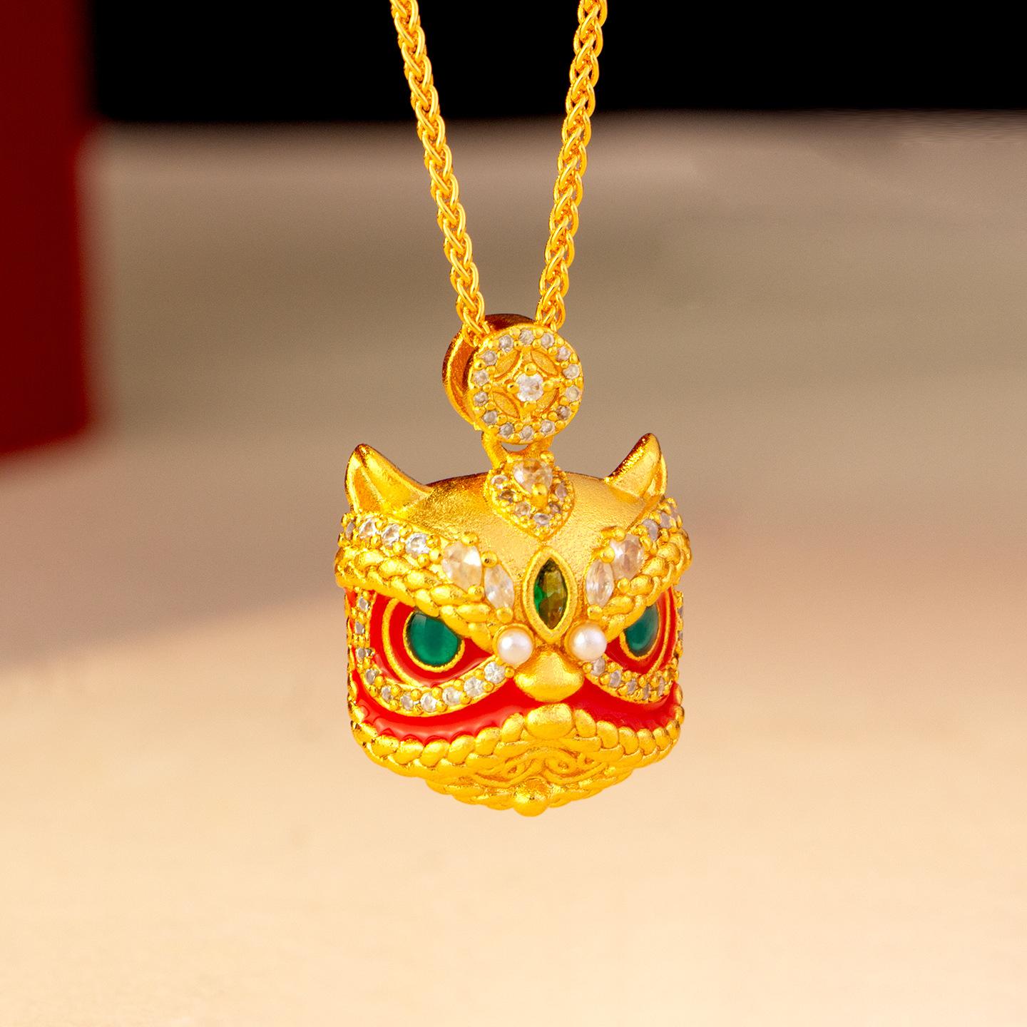Luxury 24K 9999 Pure Gold Real Gold Enamel Color Lion Dance Pendant Ancient Chinese Style All-match Necklace